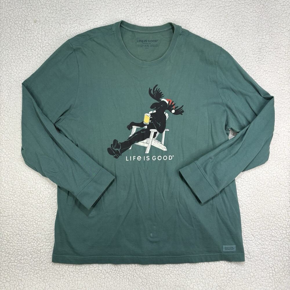 Life Is Good Crusher Tee Mens XXL Moose Beer Santa Hat Long Sleeve Christmas